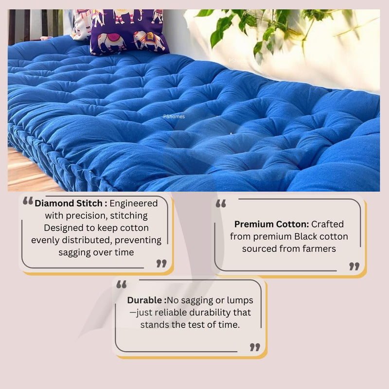 PShomes | Anti- Sag Guarantee Cotton Mattress, 3x6Ft | Diamond Stitching | Hypoallergenic | 2yrs Warranty | Single Bed | Foldable | Orthopaedic Gadda (Premium Black Cotton | Blue | Mattress Only)