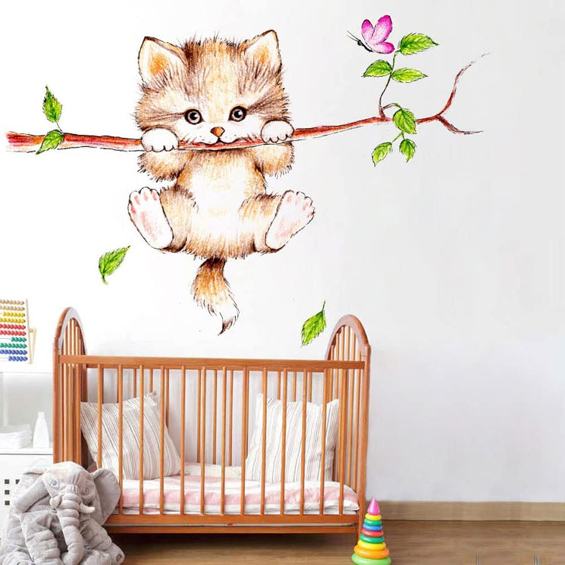 Wallpik - Cute Cat - Hanging - Branch - Cartoon - Butterfly - Nursery - Decoration - Wallsticker - WP216