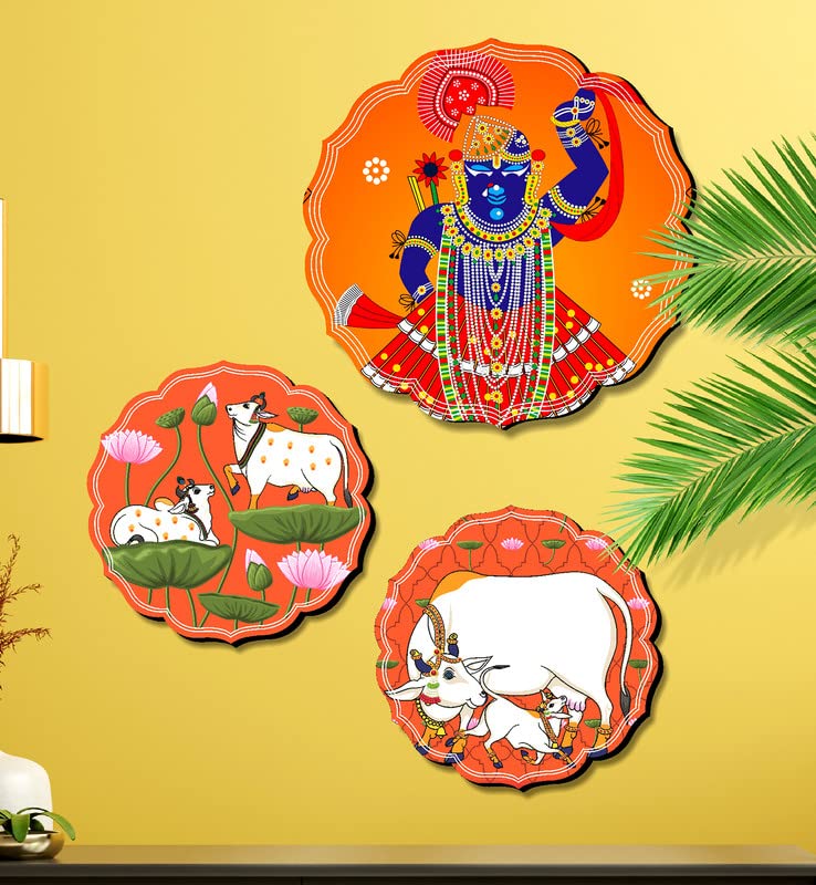 SAF Set of 3 Shrinath ji and cow pichwai modern art beautiful round shape wall painting for living room, home decoration, bedroom (1 Pc.-12 inch x 12 inch, 2 Pcs.- 8.5 inch x 8.5 inch) JLR43-S2L1