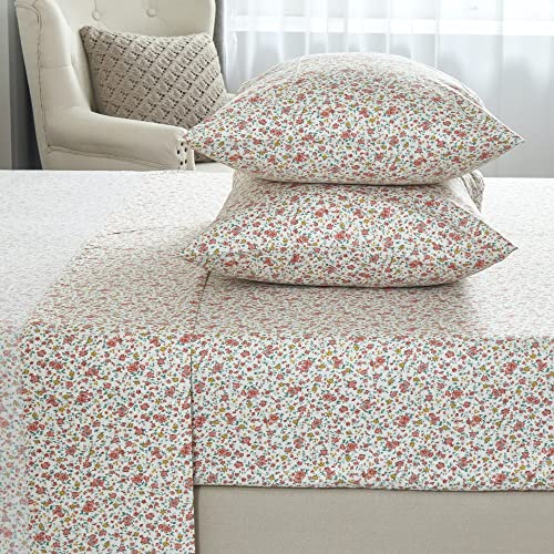 DAUAOTO 100% Cotton Bedding Printed Sheets Set for Queen Size Bed Up to 14" Deep Mattress, Ditsy Floral Pattern Bedlinen Sets,Pink