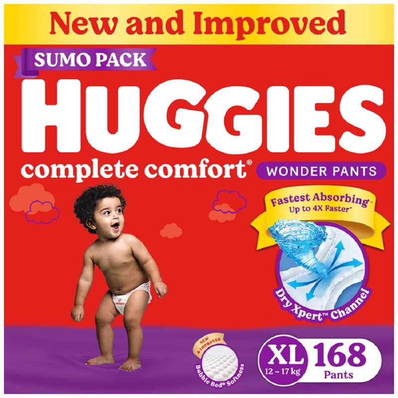 Huggies Complete Comfort Wonder Pants Extra Large (XL) Size (12-17 Kgs) Baby Diaper Pants, 168 count| India's Fastest Absorbing Diaper with upto 4x faster absorption | Unique Dry Xpert Channel