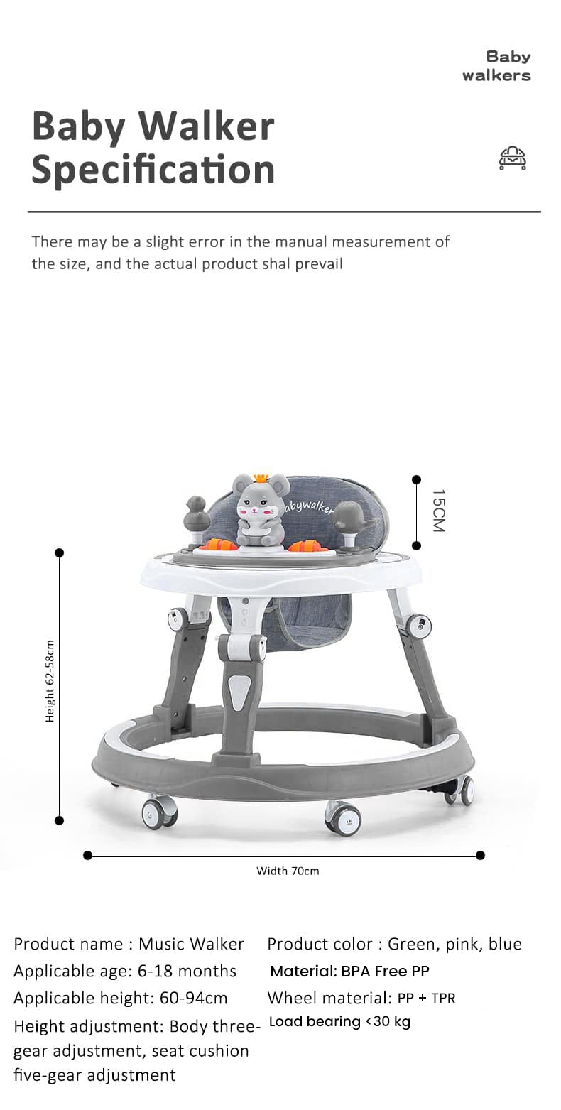 StarAndDaisy 360° Baby Walker Adjustable Height, Multi-Function Anti-Rollover Folding Walker with Height Adjustable 6-24 Months Baby Walker with Recreational Toy bar (Grey)