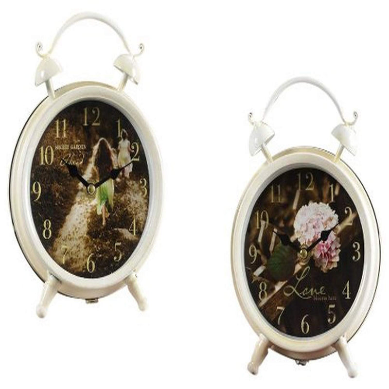 Gift Craft 8.7-Inch Iron Glass and Paper Garden Sentiment Design Table Clocks, Small, White