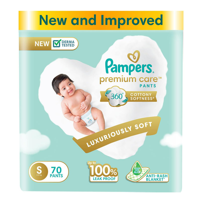 Pampers Premium Care Pants Style Baby Diapers, Small (S) Size, 70 Count, All-in-1 Diapers with 360 Cottony Softness, 4-8kg Diapers