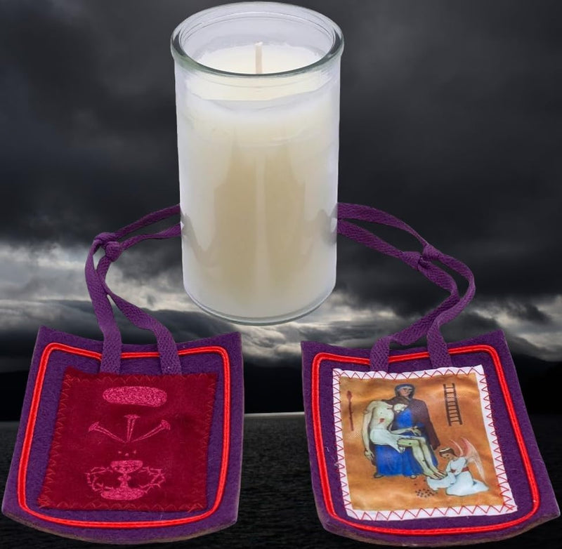 51% Beeswax Candle and Purple Home Scapular | 3 Days of Darkness | Catholic Spirituality | Divine Protection | Blessed Anna Maria Taigi and Marie-Julie Jahenny