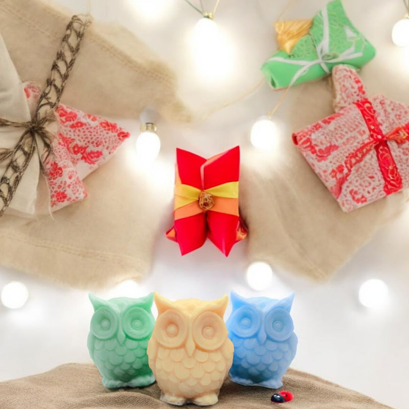 BeVibrance Soy Wax Owl-Shaped Candle (Pack of 3) - Vanilla & Fruit Scent, 20-25hr Clean Burn, Non-Toxic, Perfect for Gifting & Home Decor, 100% Soy, Aromatic - Yellow, Green & Blue