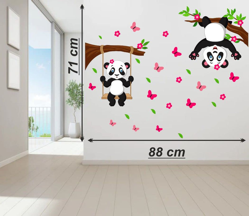 Delight Art Beautiful Hanging Pandas and Butterfly Design Wall Sticker Size - (88 * 68) cm