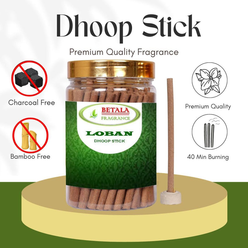 Betala Fragrance LOBAN Flavour Dhoop Sticks for Puja (Charcoal Free), Pack of 200 Gm, 70 Batti Approx with Stand Holder in Storage Box (200 GM)