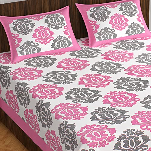 BedZone 100% Cotton Rajasthani Jaipuri Traditional Floral King Size Double Bedsheet with 2 Pillow Covers - Pink PinkCity