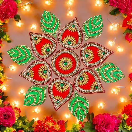Krisah Acrylic Rangoli, 11 inch Diameter, Red and Green with Floral Design, Reusable Festival Decoration