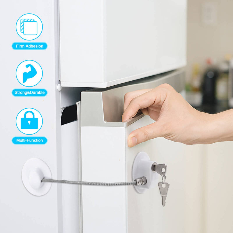 2 Pcs Fridge Lock, Refrigerator Lock for Children, Mini Fridge Locks for Kids, Freezer Lock, Used in Refrigerator Door, Cabinets, Drawers, Toilet Seat(Strong Adhesive, White) CICICO