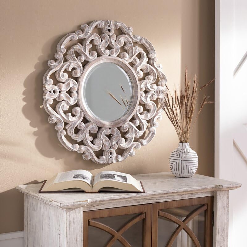 THE SARA ENTERPRISES Wooden Wall Mirror Size (60cm x 60cm) Colur White Antique Hand Crafted Round Distressed Wall Mirror for Living Room,