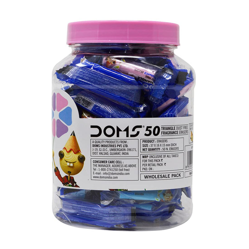 Doms Triangular Dust Free Fragrance Eraser Jar Pack | Clean, Dust Free & Good Erasing | Lesser Flakes & Non-Messy Erasing | Always Catches People's Eye | Pack of 50 Pieces