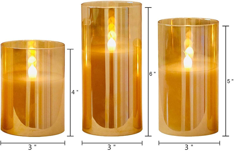 The Decor Affair Glass Battery Operated Flameless Led Candles with 10-Key Remote and Timer, Real Wax Candles Warm White Flickering Light for Home Decoration(Pack of 3, Gold).