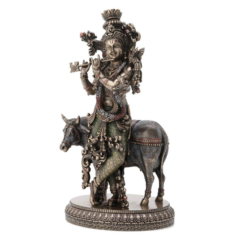 Veronese Design 10.5 Inch Hindu God Krishna and The Holy Cow Antique Bronze Finish Sculpture Figurine