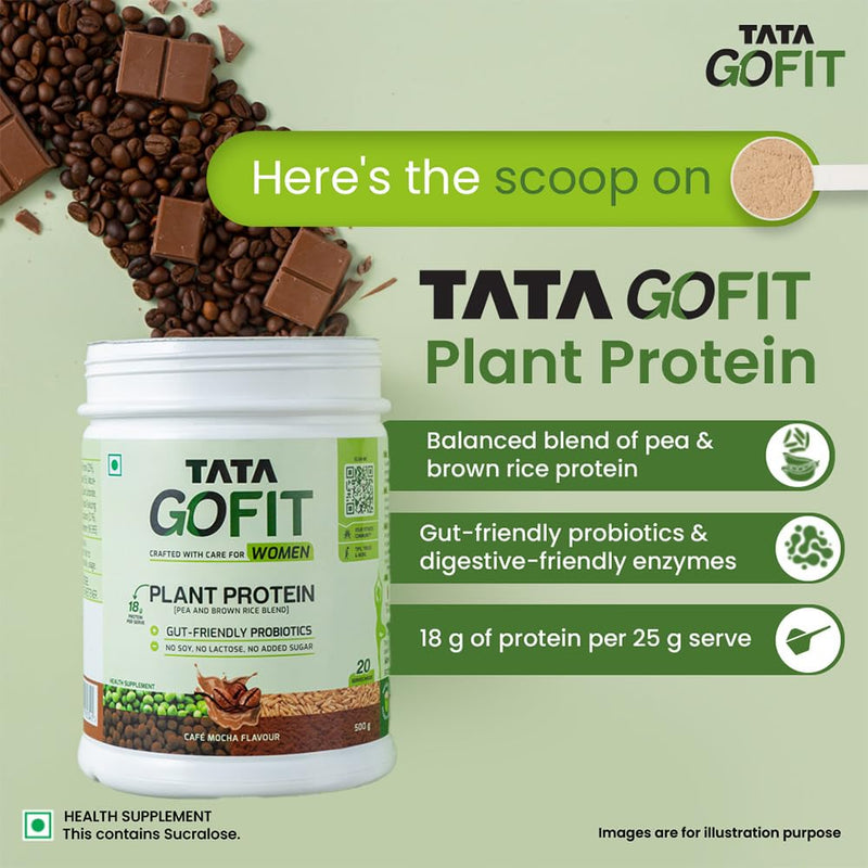 Tata GoFit Plant Protein Powder, Pea & Brown Rice Blend, 18g Protein, Café Mocha Flavour, 500g (20 Serves), No Soy, No Lactose, No Added Sugar, Vegan