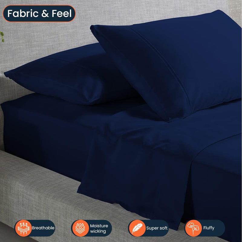 BEVI 100% Cotton 300 TC Elastic Fitted Solid Single Queen Size Bedsheet for Single Bed Size (36x78x8) Cm and Pillow Cover Size (18x28) (Single, Navy Blue)