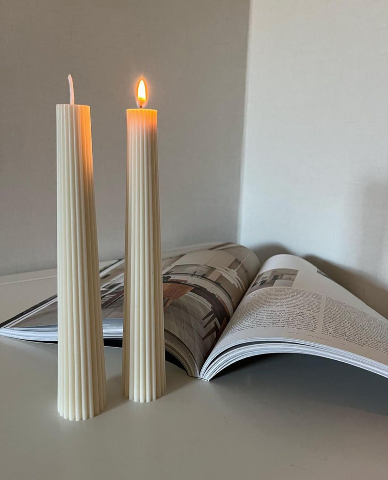 Tall Striped | Tapered Long | Striped Pillar Candles Pack of 2 Scented Soy Wax (White)