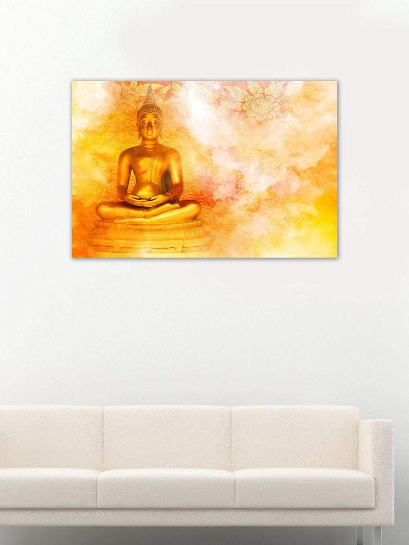 999STORE Cotton Wooden Stretched Statue On Grunge Lord Gautam Buddha Modern Framed Canvas Painting Wall Art (Flpsz14611062016052, Multicolour, 30X18 Inches)