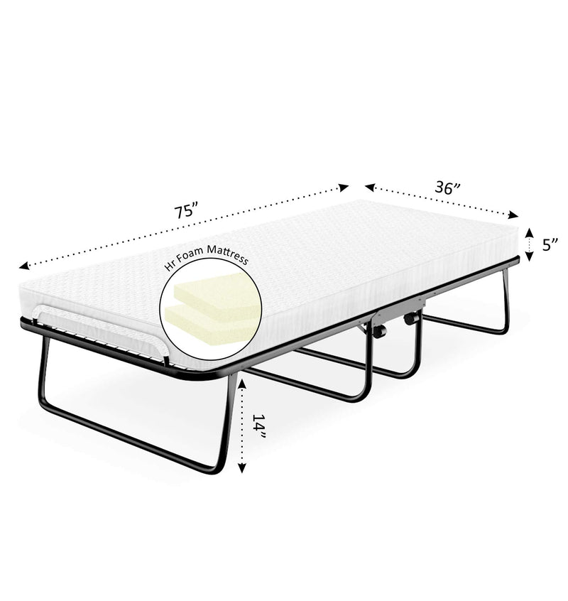 Coirfit Roallaway Single Folding Steel Bed with 5 Inch HR Foam Mattress with Lockable Wheels