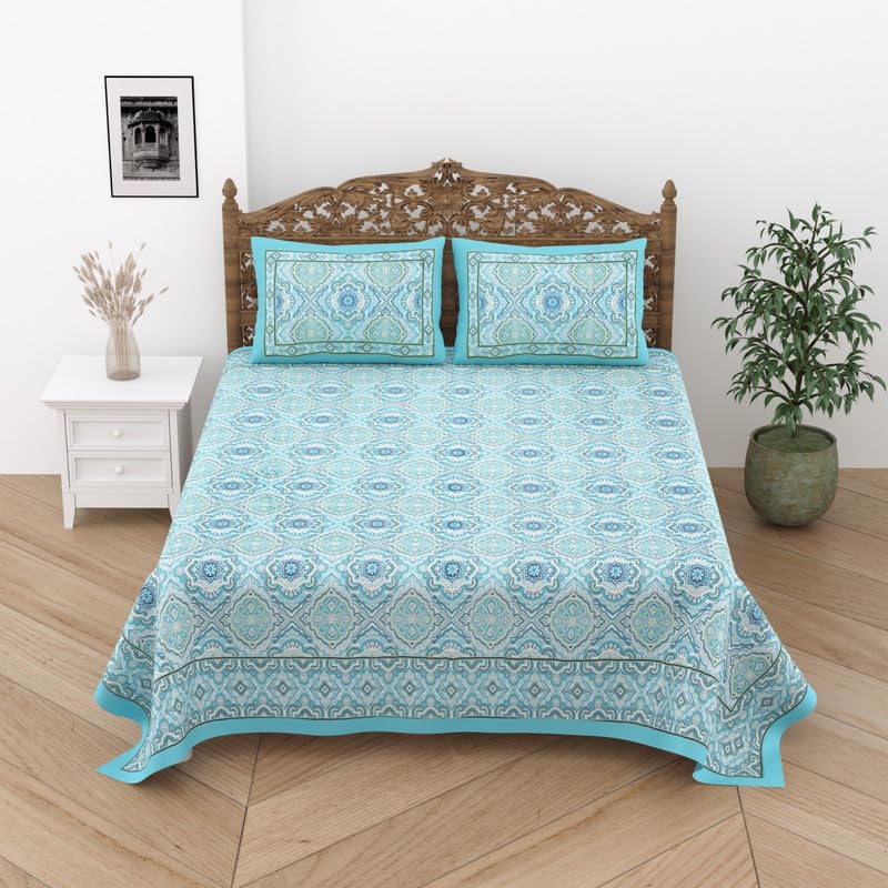 Feels Like Home 180 TC 100% Cotton Super King Size Bedsheet, 1 Bedsheet and 2 Pillow Covers, Block Printed, Uphaar Collection - Blue Mughal Print, 95 x 108 Inch, Jaipuri Bedsheet