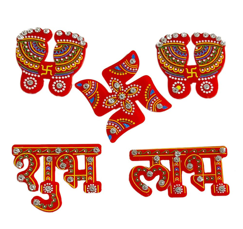 Avanti Creation Kundan Studded Acrylic Badhni Printed Shubh Labh Laxmi Feet Swastik Sticker For Door Entrance Decoration - Home Floor Complete Pack Of 5, Self-Adhesive, 5.1 Cms