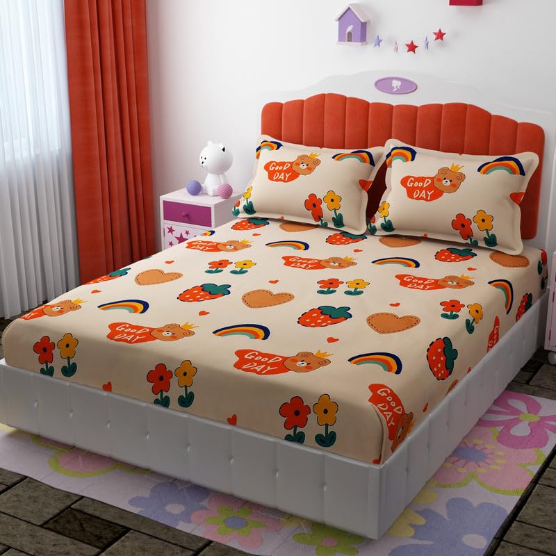 Florida Giggles Kids Elastic Fitted Bedsheet for Double Bed with Pillow Covers and Made of Microfiber with Teddy Print