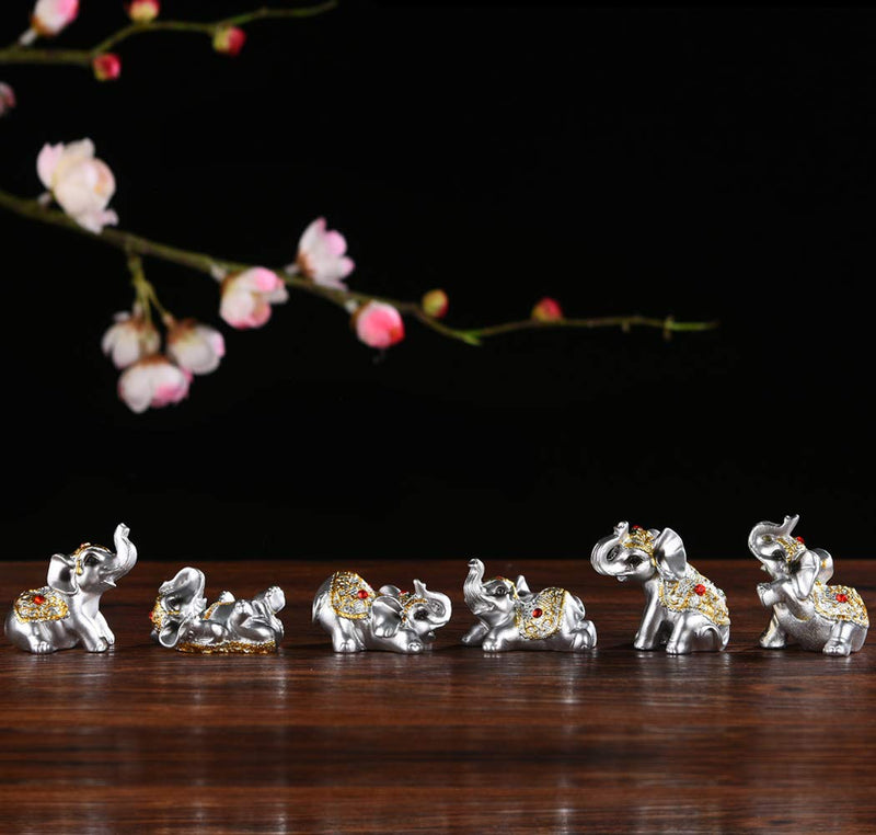 Silver Resin Small Elephants Statues Home Decor Collection Gift Set of 6 BS122 (Silver)