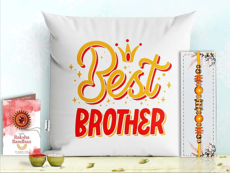 Pillow Rakhi for Brother with Gift - Rakhi with Rakhi Cushion with Filler Greeting Card- Rakhi for Brother, Gifts for Brother, Gifts for Rakhi, Gifts for Rakshabandhan Rakhi Gifts-PF-CU-07