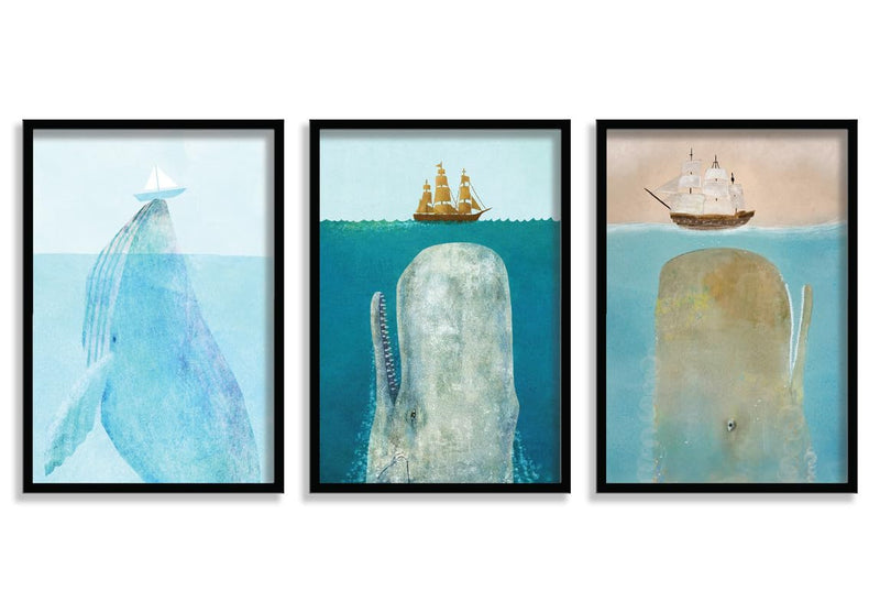 SAF paintings Set of 3 Boat And Whale Wall Painting for Home Decoration SA-BLACKMX33506