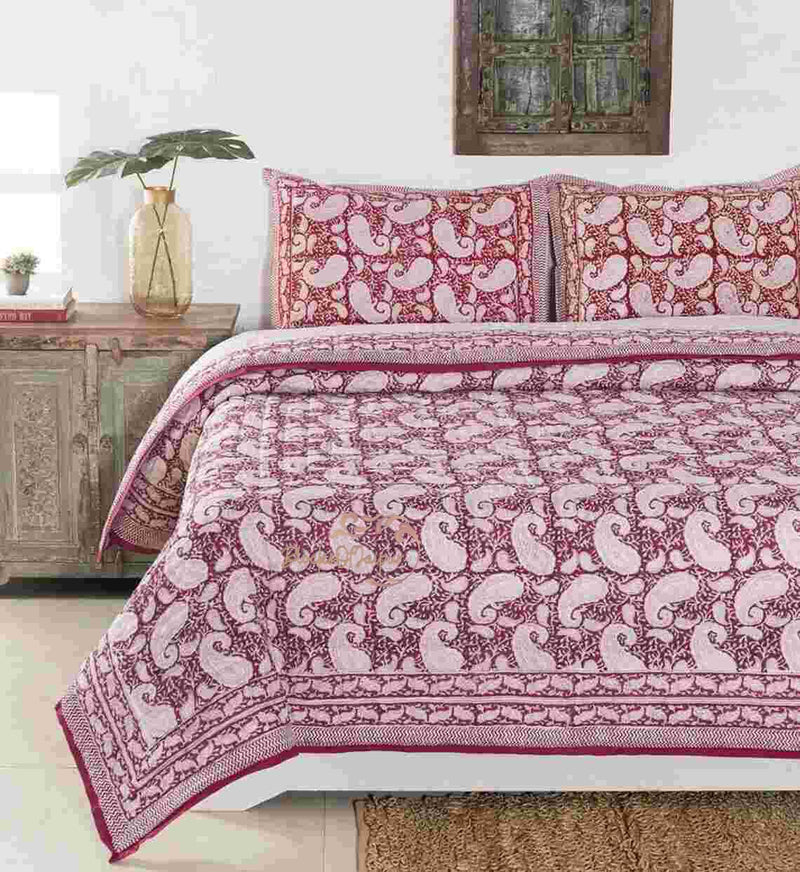 FEELRAX Organic Pure Cotton 350 TC Reversible Hand Block Quilt Jaipuri Razai Pink Butta (King Size 108X108 Inches)