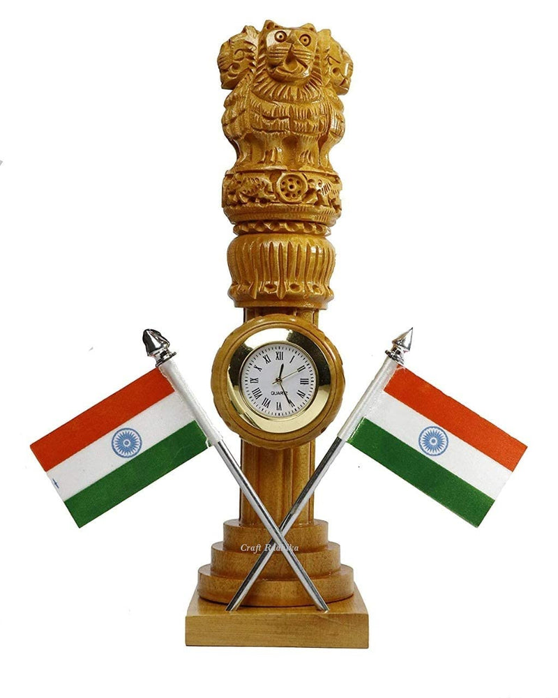 Craft Radhika Wooden Ashoka Pillar With 2 Flag clock For office/study table decroation, Desk organizers decorative gifts for friends, officers