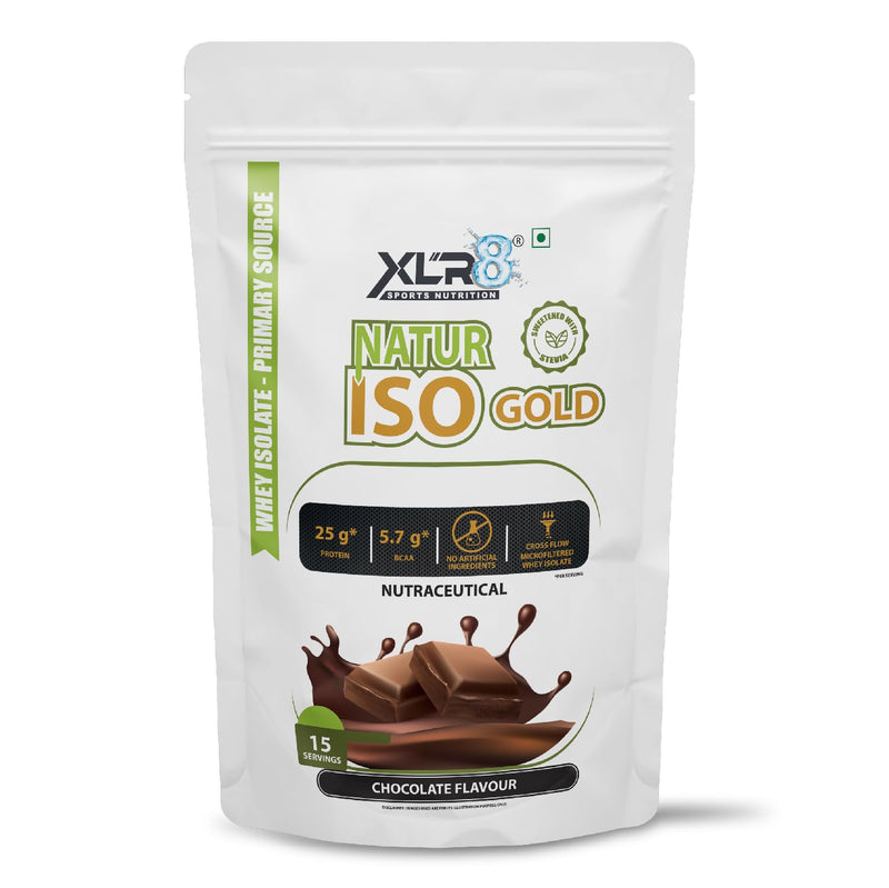 XLR8 Natur Iso Gold Whey Protein Isolate, 25g Protein, 5.7g BCAA, Sweetened with Stevia, VEGETARIAN, ZERO SUGAR, Muscle Support and Recovery. (Chocolate, 500g)