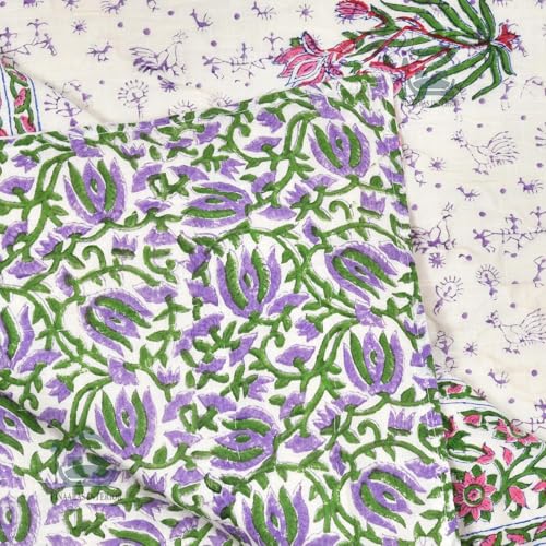 AARMOZY Pure Cotton Jaipuri Razai Double Bed Hand Block Floral Print Quilt Blanket - Purpal/Green (Double Bed B) (90X108INCHES)