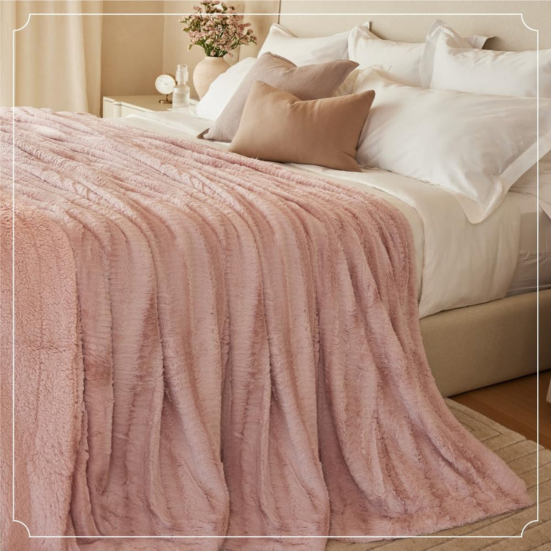 The Connecticut Home Company Luxury Faux Fur with Sherpa Reversible Throw Blanket, Super Soft, Large Wrinkle Resistant Blankets, Warm Hypoallergenic Washable Couch or Bed Throws, 65x50, Dusty Rose