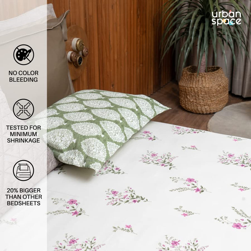 Urban Space Regal 100% Cotton 200 TC Bedsheet for King Bed, King Bedsheet Cotton with 2 Pillow Covers (Size 108 x 108 inches, Amsterdam Valley Pink)