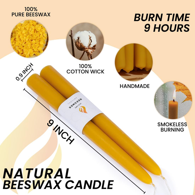 Aglary 2PCS Beeswax Taper Candles, 9" Handmade Natural Candles, Dripless and Smokeless，10 Hour Burn Time