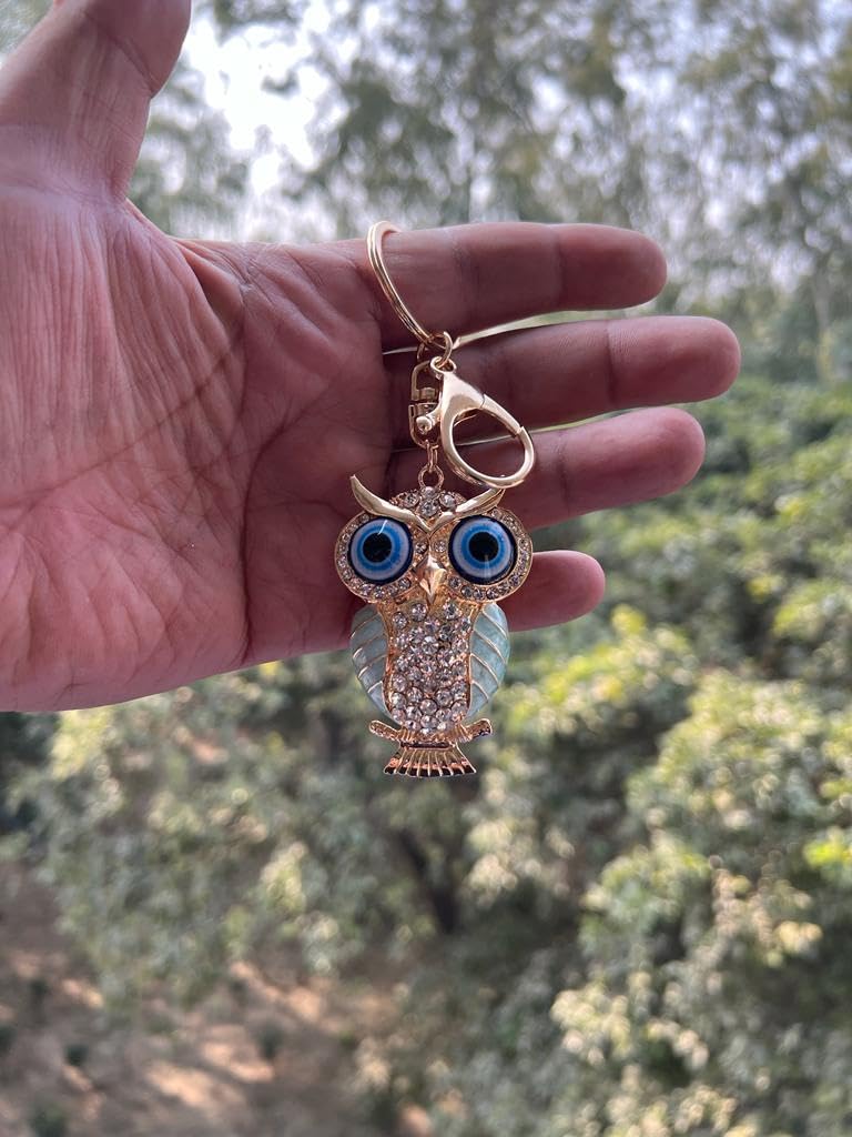 BLUE BEADS Combo Gold with Evil Eye Crystal Rhinestone Sparkling Owl Fridge Magnet and Keychain Handbag Charm for Women (Turquoise)