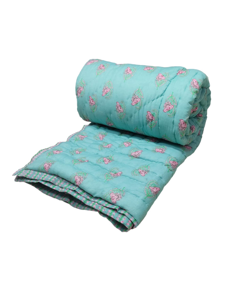 Gnudi Reversible Jaipuri razai for Winter Double Bed/Pure Cotton Jaipuri razai Double Bed/Jaipuri razai Double Bed for mild Winter, 85x100 inch (Sea Green)