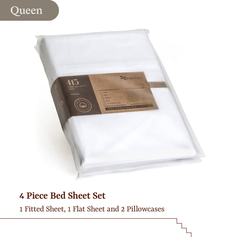 Peru Pima - 415 Thread Count - 100% Peruvian Pima Cotton - Percale - Bed Sheet Set (Queen, White) by Peru Pima