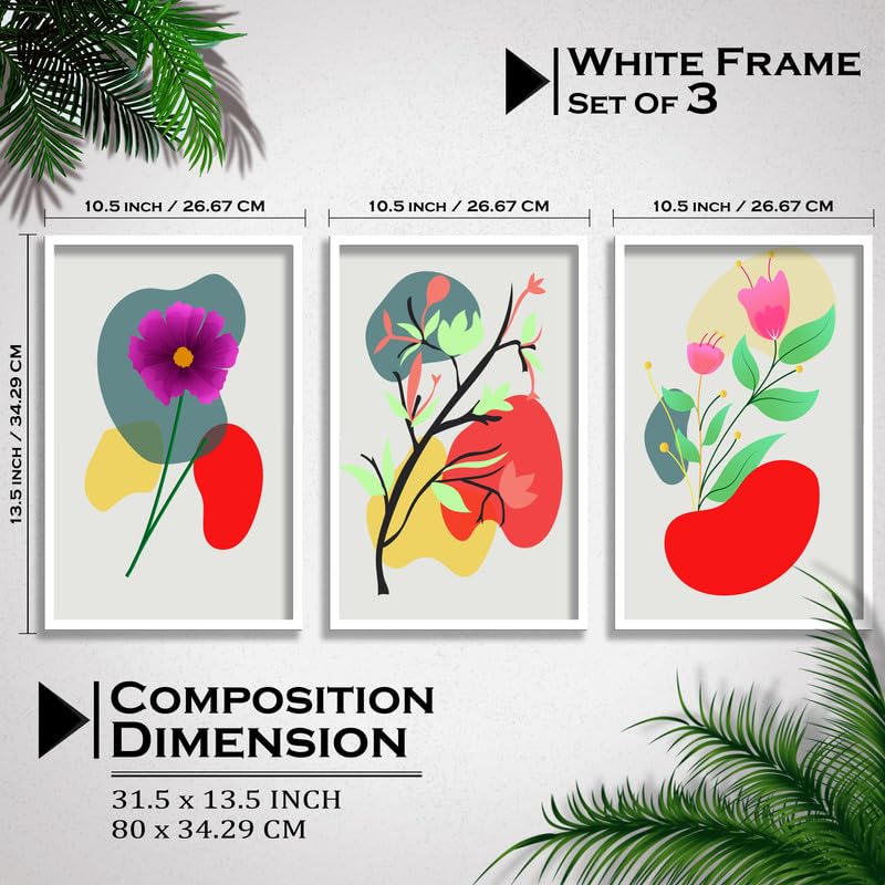 SAF paintings Set of 3 abstract flower Boho modern art design Premium white Framed Bohemian wall painting for for Wall, Home and Living Room Decoration 80 cms x 34.29 cms COMBO-2217-K3