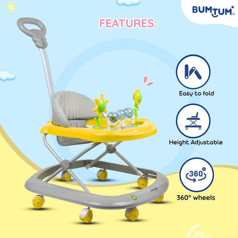 BUMTUM Baby Walker for 6 to 48 Months with Parent Handle Rod| Foldable Activity Walker| Baby Grey Caterpillar Walker