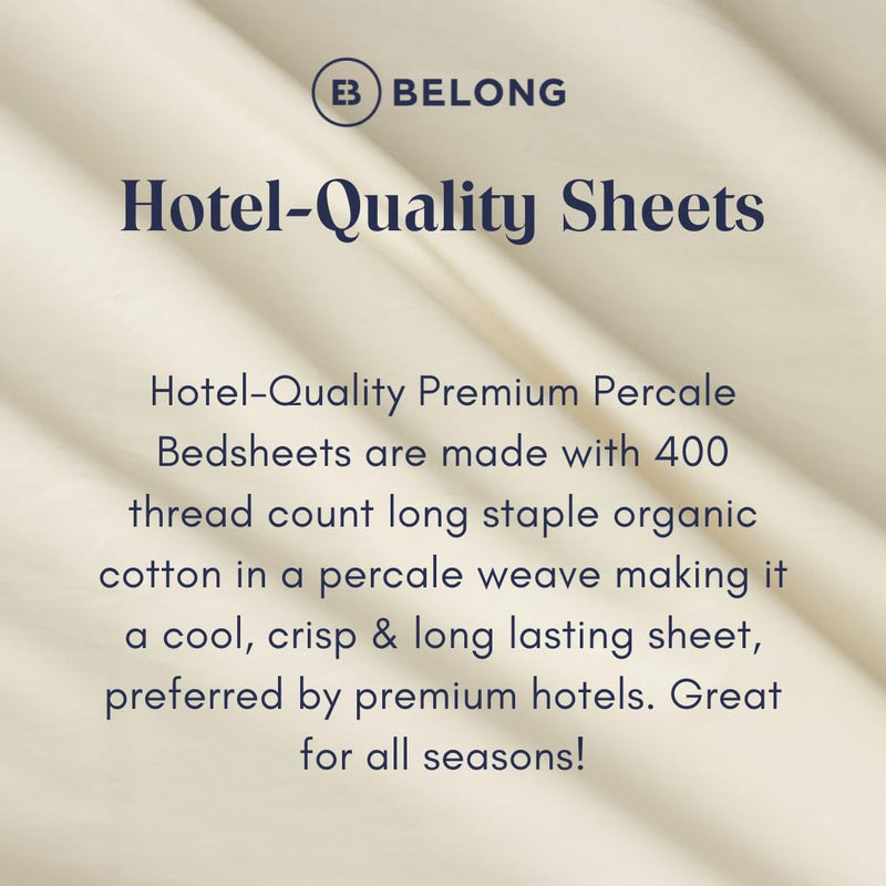 Belong 100% Organic Cotton 400 Thread Count All Round Elastic Fitted Premium Bedsheet with Pillow Covers, Plain Bedsheet with 13" Deep Pocket (White, Single)