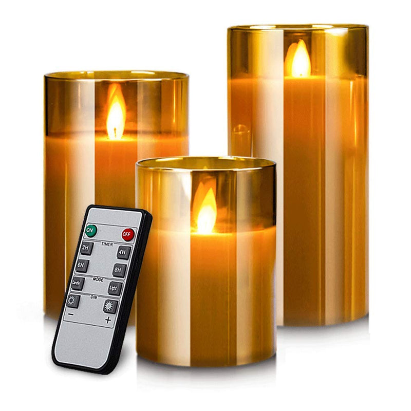 Yinuo Mirror LED Flameless Candles, Battery Operated Flickering Candles Pillar Real Wax Moving Flame Electric Candle Sets Gold Glass Effect with Remote Timer, 4" 5" 6" Pack of 3