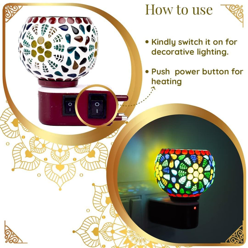 Dbell | Kapur Dani Electrical Camphor Diffuser. Glass Kapoor Dani & Essential Oil Diffuser with On Off Switch to Toggle Between Burner & Lamp (Fulpati & Goti)