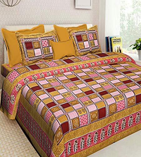 PYAARA PRINTS® 251 TC 100% Pure Cotton Rajasthani Traditional Jaipuri King Double Print Bedsheet with 2 Zipper Pillow Cover(90X108 inches) (Brown)