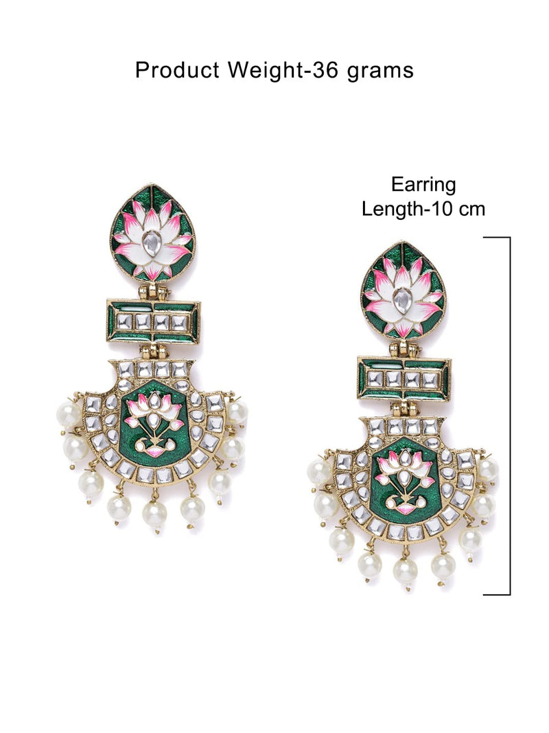 Zaveri Pearls Green & Pink Meenakari Lotus Design Kundan Dangle Earring For Women-ZPFK10343