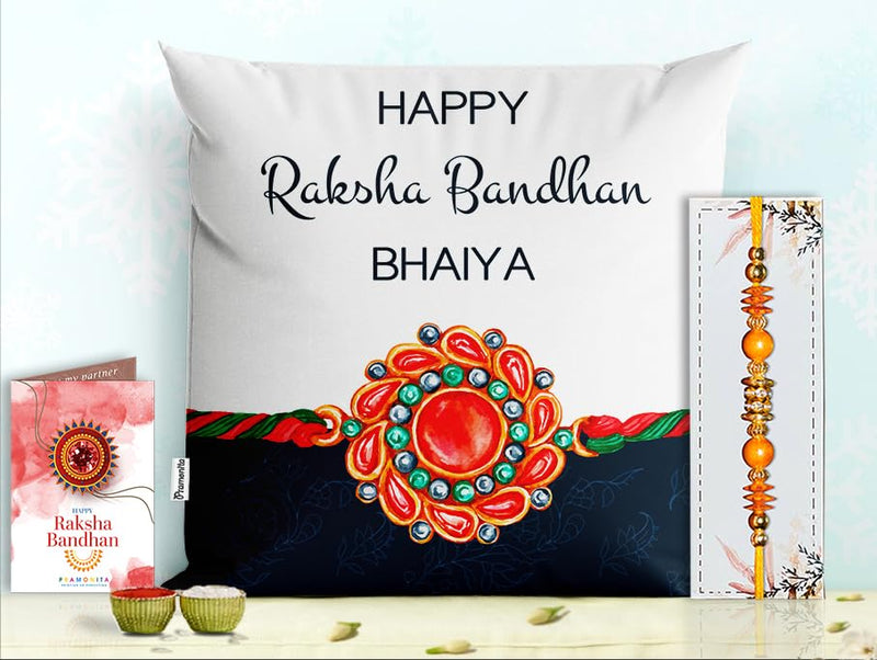 Pillow Rakhi for Brother with Gift - Rakhi with Rakhi Cushion with Filler Greeting Card- Rakhi for Brother, Gifts for Brother, Gifts for Rakhi, Gifts for Rakshabandhan Rakhi Gifts-PF-CU-26