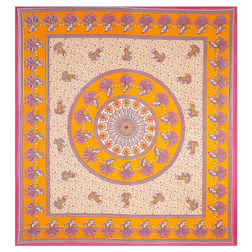 HZAR ART Queen Size Premium 100% Cotton Bedsheet for Double Bed with 2 Pillow Covers | 240 TC Flat Sheet | Jaipuri Print Double BedSheet Cotton (Tangerine,90 X 100 Inches) SSBS104