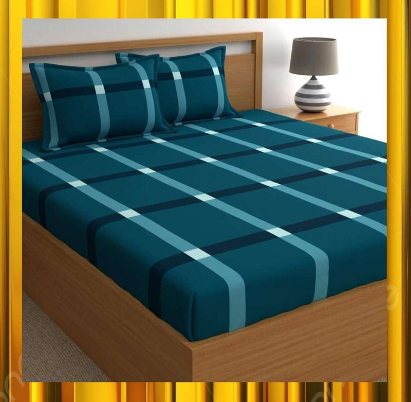 Premium Cotton All Around Elastic Fitted Double Bed Bedsheet (72” x 78”) with 2 Pillow Covers (16" x 26") (BS2 (B) Green Box)